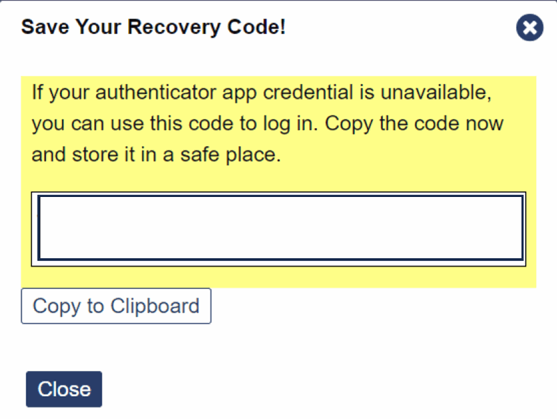 Save Your Recovery Code! Page